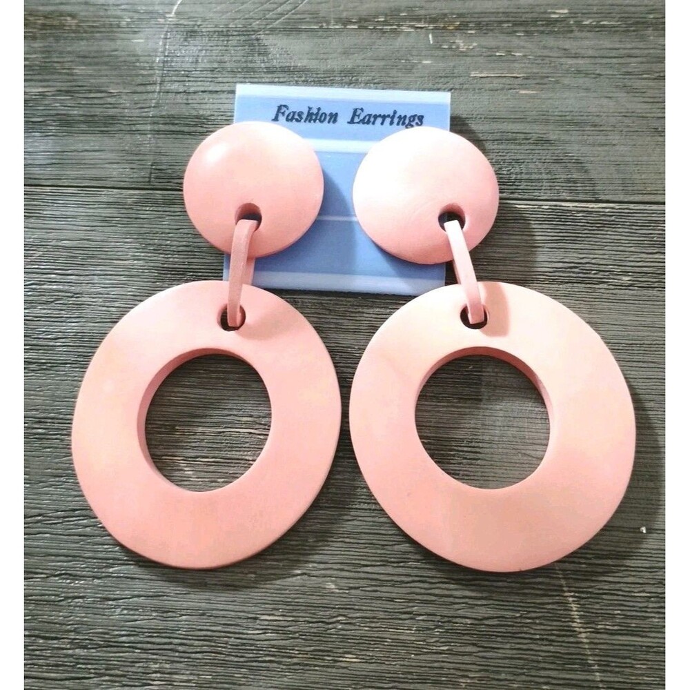 Boho Blush Pink large Wooden Dangle Vintage Earrings Made In Korea